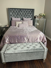 Load image into Gallery viewer, Crystal Tufted King Gray Velvet Bed Frame
