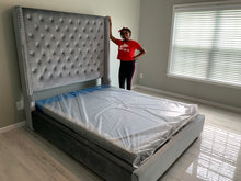 Load image into Gallery viewer, Crystal Tufted King Gray Velvet Bed Frame
