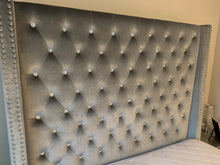 Load image into Gallery viewer, Crystal Tufted King Gray Velvet Bed Frame
