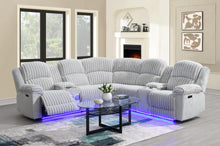 Load image into Gallery viewer, Gray Corduroy Power Reclining Sectional with Bluetooth Speakers, USB Ports and LED Lights
