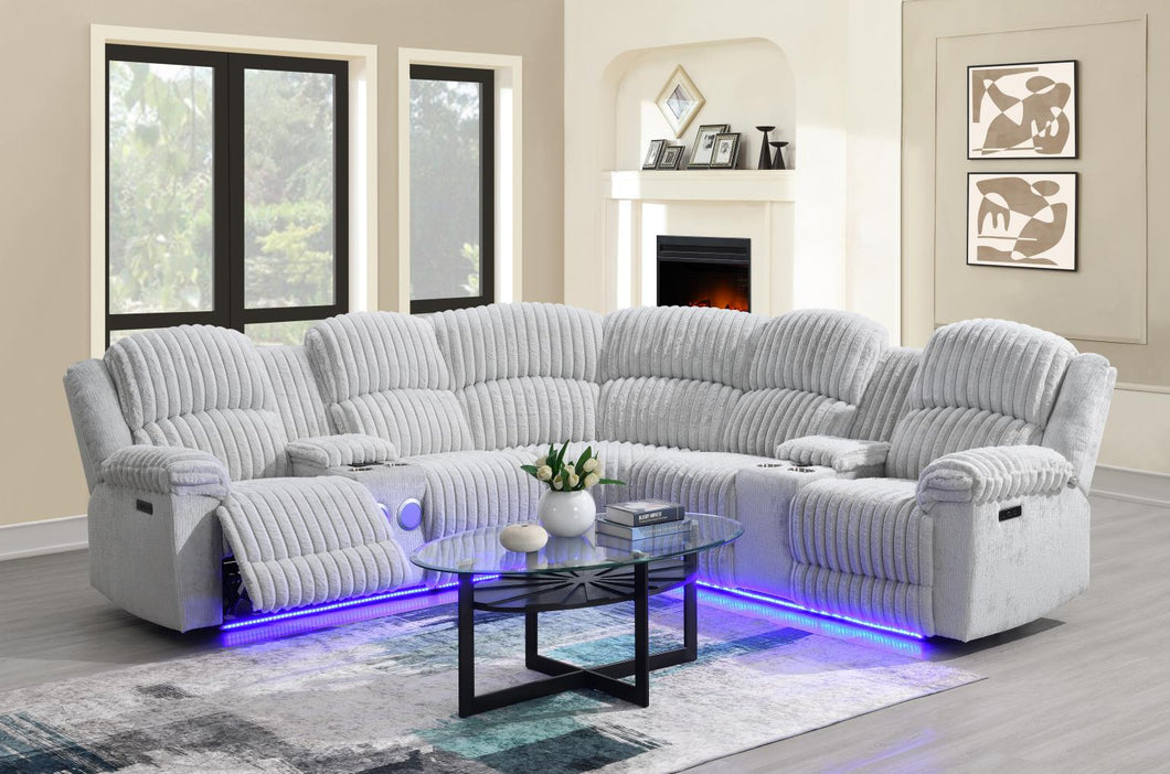 Gray Corduroy Power Reclining Sectional with Bluetooth Speakers, USB Ports and LED Lights