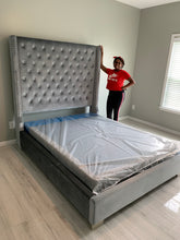Load image into Gallery viewer, Crystal Tufted King Gray Velvet Bed Frame
