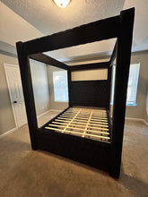 Load image into Gallery viewer, Queen Tufted Velvet Canopy Bed with Bluetooth Speakers and USB Ports
