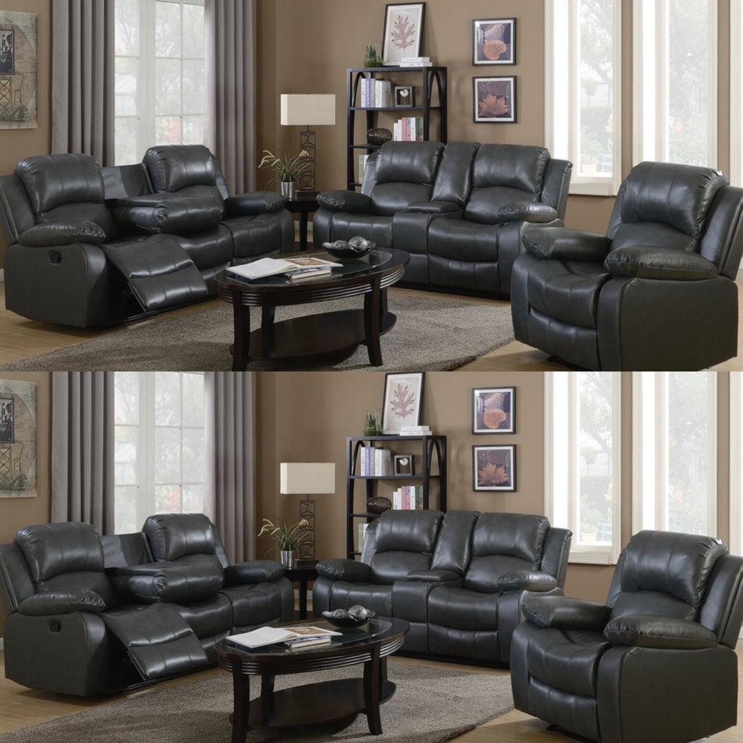 3 Piece Gray Faux Leather Reclining Sofa , Loveseat and Chair