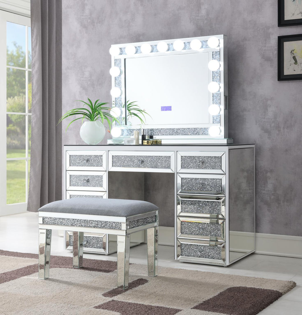 All Mirrored Vanity with Crystals, All Mirrored Chest and Nightstand with Faux Diamonds