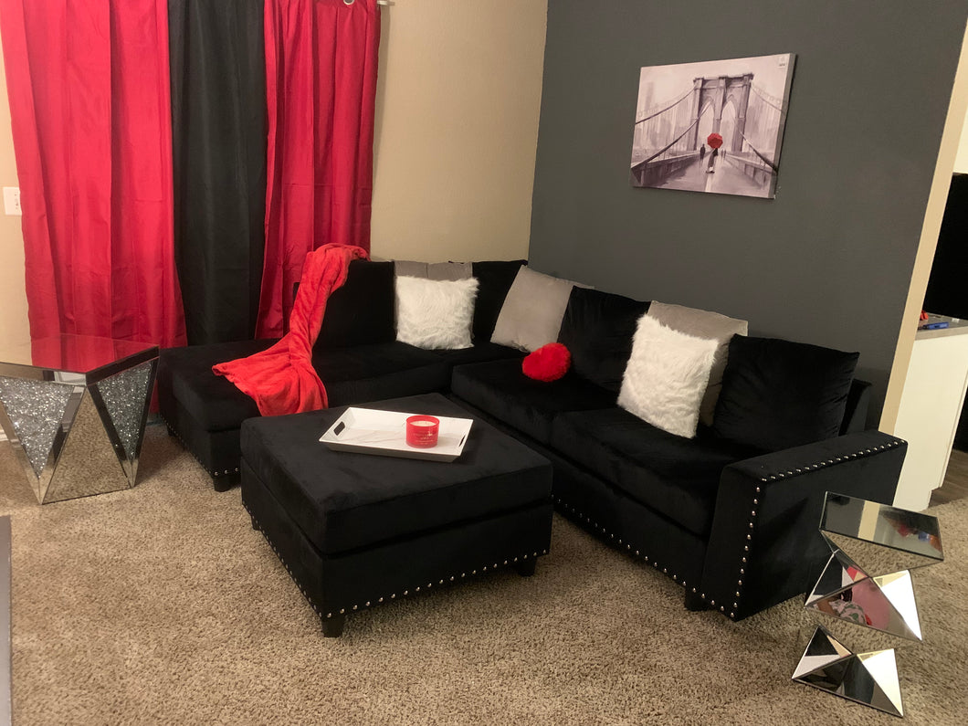 Black Velvet Sectional with Ottoman