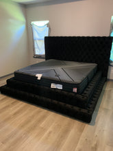 Load image into Gallery viewer, Queen Black Velvet Step Platform Bed
