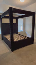 Load and play video in Gallery viewer, Queen Tufted Velvet Canopy Bed with Bluetooth Speakers and USB Ports
