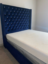 Load image into Gallery viewer, Crystal Tufted Blue Velvet 70 Inch Tall King Frame with Storage Bench
