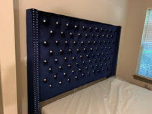 Load image into Gallery viewer, Crystal Tufted Blue Velvet 70 Inch Tall King Frame with Storage Bench
