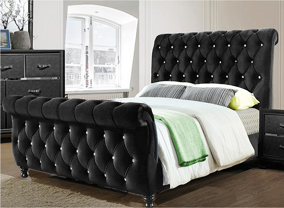 Queen Crystal Tufted Black Sleigh Bed Frame