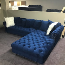 Load image into Gallery viewer, Tufted Blue Velvet Sectional with Chaise
