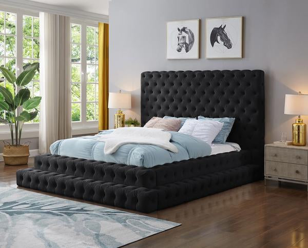 Queen Black Velvet Step Platform Bed