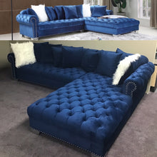 Load image into Gallery viewer, Tufted Blue Velvet Sectional with Chaise
