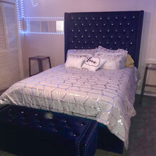 Load image into Gallery viewer, Crystal Tufted Blue Velvet 70 Inch Tall King Frame with Storage Bench
