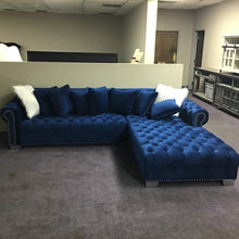 Load image into Gallery viewer, Tufted Blue Velvet Sectional with Chaise
